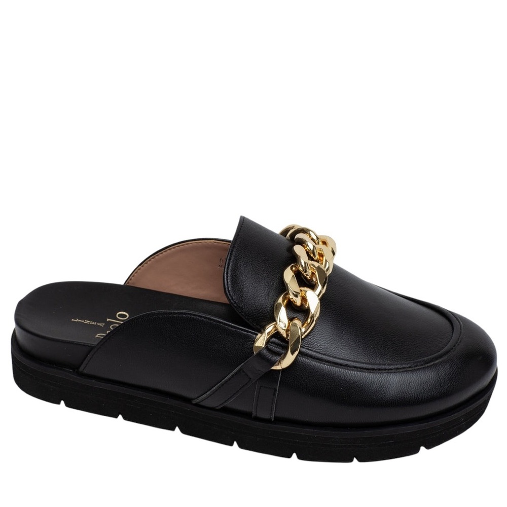 Paolo Black Leather Gold Chain-Detail Women's Mule